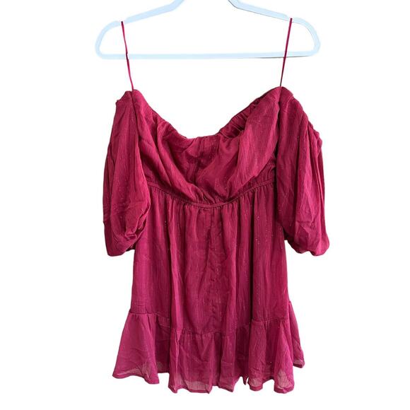 NWT Francesca’s Off The Shoulder Red Wine Shimmer Mini Ruffle Dress Size Medium - Picture 6 of 16